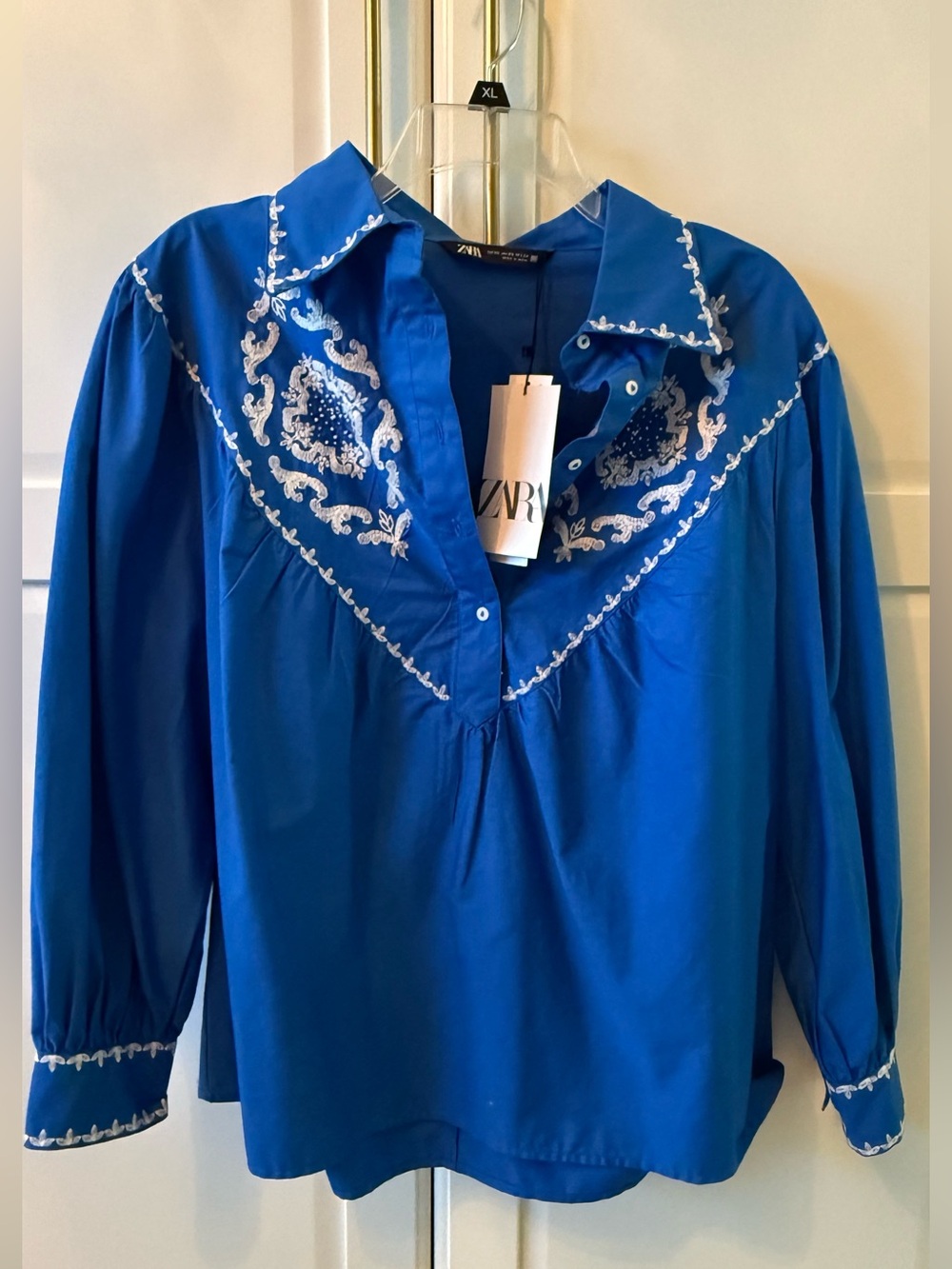 ZARA Royal Blue Embroidered V-Neck Peasant Blouse